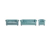 Canapés 3 places et 2 places et fauteuil en velours bleu pastel CHESTERFIELD