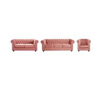 Canapés 3 places et 2 places et fauteuil en velours rose pastel CHESTERFIELD