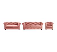 Canapés 3 places et 2 places et fauteuil en velours rose pastel CHESTERFIELD Rose poudré