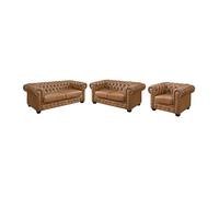 Canapés chesterfield 3 places 2 places et un fauteuil BRENTON 100% cuir de buffle premium - Caramel vintage