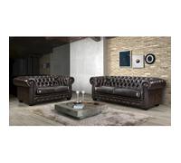 Canapé chesterfield 3+2 places BRENTON 100% cuir de buffle - Marron reflets châtains