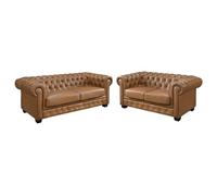 Canapés chesterfield 3 places et 2 places BRENTON 100% cuir de buffle premium - Caramel vintage