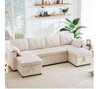 Canapés Convertibles - Canapé d’Angle Convertible 4 Places avec Couchage, Coffre de Rangement et Dossier Confortable, Coton, Beige