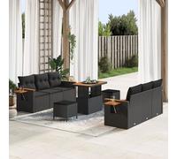 Canapés De Jardin 9 Pièces Avec Coussins Noir Poly Rattan Acacia, Salle À Manger De Jardin 3 Pièces Avec Coussins Noir Poly Rattan Acacia
