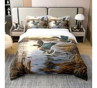 Canard Colvert Coton Biologique Housse de Couette 220x240,Thème de Chasse Parure de Lit,Couvre Lit D'Oiseau de Paysage de Lac Nature Rurale,Animal Sauvage de Thème Chasse Canard Volant Literie