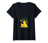 Canard Porte-Bonheur : Charmant Canard en Caoutchouc pour la Saint-Patrick T-Shirt avec Col en V, Femme, Noir, M