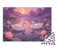Canards Blancs Étang Puzzle 1000 Pièces Papier pour Adultes Fleurs de Lotus Jeu de Puzzle 1000 Pièces Détente Maison 70x50cm/1000pcs
