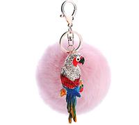 Canarea Porte-clés en peluche - Pendentif de sac - Strass - Oiseau - Pompon - Élégant - Boule en peluche - Anneau porte-clés - Pendentif de voiture - Doux - Rose