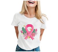 Cancer du Sein d'Octobre T-Shirt Femme Ruban Rose de Sensibilisation Tee Shirt Ete Chic Tunique Col Rond Manches Courtes Basique Haut Ample Chemiser Blouse Top (Blanc,S)