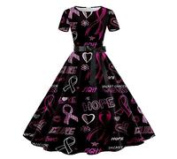 Cancer du Sein Octobre Rose Robe Vintage Femme Retro Rockabilly Pin Up Élégante Robes sans Manche Trapèze Mariage Cocktail Soirée Fête Cérémonie Décontractée au Genou Midi