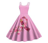 Cancer du Sein Octobre Rose Robe Vintage Femme Retro Rockabilly Pin Up Élégante Robes sans Manche Trapèze Mariage Cocktail Soirée Fête Cérémonie Décontractée au Genou Midi Pas Cher