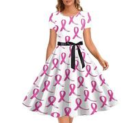 Cancer du Sein Octobre Rose Robe Vintage Femme Retro Rockabilly Pin Up Élégante Robes sans Manche Trapèze Mariage Cocktail Soirée Fête Cérémonie Décontractée au Genou Midi Pas Cher