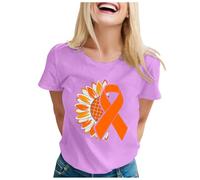 Cancer du Sein Octobre Rose Ruban Chemisier pour Femmes Manches 3/4 Col V Blouse Décontracté Tunique Top Couleur Unie Longues Blouses Élégante Shirts T-Shirts Fantaisie Vetements Mode (Violet,L)