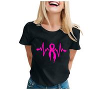 Cancer du Sein Octobre Rose Ruban Femme T-Shirt Col en V Eté Décontracté Tee Shirt Femme Coton Unie T Shirts Hauts Tuniques De Base D'été Lâches Chemise Gaze de Coton Vêtements (Le Noir,S)