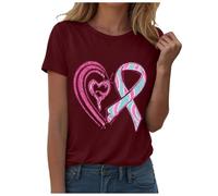 Cancer du Sein Octobre Rose Ruban Femme T-Shirt Col en V Eté Décontracté Tee Shirt Femme Coton Unie T Shirts Hauts Tuniques De Base D'été Lâches T-Shirt Personnalisé Vetements Mode (Rouge,XL)