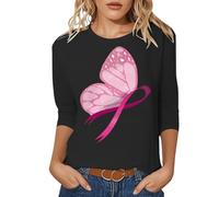 Cancer du Sein Octobre Rose Ruban Femme T-Shirt Col en V Eté Décontracté Tee Shirt Femme Coton Unie T Shirts Hauts Tuniques De Base D'été Lâches Chemise Blanche Vetement de Travail (Le Noir,XL)