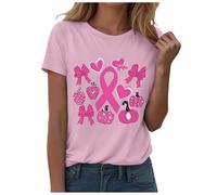 Cancer du Sein Octobre Rose Ruban Femme T-Shirt Débardeur Col en V Eté Décontracté Tee Shirt Femmes Coton Unie T Shirts Hauts Tuniques De Base D'été Lâches Robe Été Sportswear (Rose,S)