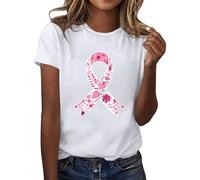 Cancer du Sein Octobre Rose Ruban Femmes Cap Sleeve T-Shirts À Manches Courtes Col en V Casual T Shirts De Base D'été Lâches Tee Shirt Long Vêtements de Running (Blanc,S)