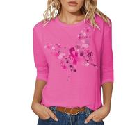 Cancer du Sein Octobre Rose Ruban Femmes Ete Chic Bouton Tunique Longue Col V Manche Courtes Tee Shirt Ample Chemiser Blouse Top Ghost Tshirt Légers De Course pour Les Vacances (Rose,S)
