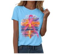 Cancer du Sein Octobre Rose Ruban T-Shirt D'été à Manches Courtes pour Femme Haut Élégant Top Décontracté Quotidien Classique Tee Shirt Long Vetement Annee 80 Disco (Bleu Clair,XL)