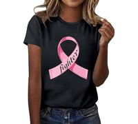 Cancer du Sein Octobre Rose Ruban Tee Shirt Femme À Manches Courtes Col Rond Haut Chic Et Elegant Décontracté Mode Tricot Blouse Teeshirt Coton Basique Vêtements de Sport (Le Noir,L)
