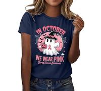 Cancer du Sein Octobre Rose Ruban Tee Shirt Femme Col Rond Haut Manche Courte Top Décontracté Été T-Shirt Manche Chauve-Souris Chemisier avec Boutons Tshirt sous-vêtements de Sport (Marine,XXL)