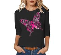 Cancer du Sein Octobre Rose Ruban Tee Shirt Femme Col Rond Manches Courtes Amples Top Chic et Elegant Décontracté Basique T-Shirt Tshirt Sport Outdoor Basic (Le Noir,XL)