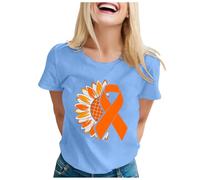 Cancer du Sein Octobre Rose Ruban Tee Shirt Femme Col Rond Top Ete Manche Courte Fleur/Unie T-Shirt Femmes Chic Et Élégant Chemise Gaze de Coton Outdoor Basic (Bleu Clair,XXL)