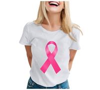 Cancer du Sein Octobre Rose Ruban Tee Shirt Femme Coton Col Rond Femmes Tshirts Manche Courte Impression de T-Shirt Décontractés Mode Top Confortables Blouse de Travail sous Vêtements (Blanc,M)