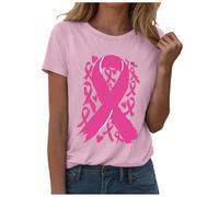 Cancer du Sein Octobre Rose Ruban Tee Shirt Femme Oversize T-Shirts à Manches Courtes Cotton Été Chic Grande Taille T-Shirt Col V Shirts Lâches Hauts Chemise de Nuit sous Vetement (Rose,L)