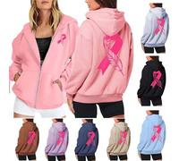 Cancer du Sein Octobre Rose Sweat a Capuche Femme zippé Oversize Ruban Rose imprimé Manteau Long Femme mi Saison Grande Taille Sport Poches Sensibilisation Cancer du Sein Hoodie (Blue, XL)