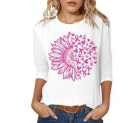 Cancer du Sein Octobre Rose Tee Shirt Femme Manche 3/4 Coton Ruban de Sensibilisation T-Shirt Haut Décontractée Chic et Elegant Couleur Unie Classique Imprimé Basic Tunique Tops Été Pas Cher