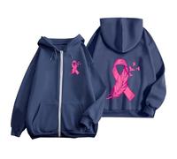 Cancer du Sein Pull Court Chaud de Sport décontracté en Polaire avec Cordon Serrage et Fermeture éclair mensuelle la prévention des Femmes Plaid Sweat Capuche pour Femme