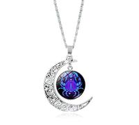 Cancer Lumineux 12 Constellations Signes Du Zodiaque Colliers - Croissant De Lune Boule De Verre Pendentif Chaînes Réglables Collier Pour Femmes Et Hommes Bijoux D'Anniversaire Cadeaux,Cancer,55+5