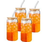 CANDeal 4-Pièces 540ml Verre à Boire Avec Couvercle Et Paille En Verre, Verre Transparent, Gobelet A Café Glacé En Forme De Boîte, Verre à Bière Clair, Mignonne Tasse A Thé, Pour Bar Restarant