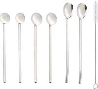 CANDeal 6 pailles cuillères réutilisables en acier inoxydable en 3 tailles 2 en 1 cuillères à cocktail milk-shake avec 1 brosse de nettoyage longue
