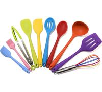 CANDeal Set multicolore d'ustensiles de cuisine en silicone, 10 pièces d'ustensiles de cuisine Batterie de cuisine résistante à la chaleur Cuire Cuisine antiadhésive Pince de cuisine, fouet, spatule, 