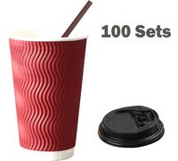 CANDeal Tasses à café jetables avec couvercles et pailles - 500 ml (100 sets) Tasse en papier chaud avec couvercle pour boissons Espresso Thé isolé Réutilisable boissons froides Tasses striées, rouge