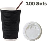 CANDeal Tasses à café jetables avec couvercles et pailles - 500 ml (100 sets) Tasse en papier chaud avec couvercle pour boissons Espresso Thé isolé Réutilisable boissons froides Tasses striées, Noir