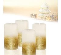 Candelo Ambiente Lot de 4 bougies piliers rustiques - Blanc métallisé doré - Bougie de 12 cm - Longue durée de combustion : environ 54 heures - Couronne de l'Avent