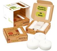 Candelo Eco Refill Lot de 54 bougies chauffe-plat en cire sans coque pour bougies chauffe-plat et photophores réutilisables, sans plastique, sans odeur, 6 heures de combustion, emballage durable