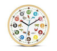 Cander Berlin MNU 2430 T Horloge murale pour enfant Motif animaux 30,5 cm Horloge d'apprentissage silencieuse analogique en bois Cadre en bois pour chambre d'enfant sans bruit de tic-tac pour garçon