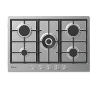 Candy CHG74WPX Plaque à gaz, 5 feux, 75 cm, encastrable, 60 cm, gaz naturel adaptable au gaz butane, 12,15 kW, 3 grilles lavables au lave-vaisselle, valve de sécurité Sicurflame, acier inoxydable
