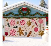 Candy Christmas Grande housse de porte de garage en forme de pain d'épices et de sucettes, décoration de fond de fête de Noël pour l'intérieur et l'extérieur, 400 x 180 cm