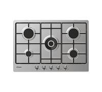 Candy CHW74WTX Plateau de cuisson 5 feux, à gaz, acier inoxydable, largeur 74,5 cm, double couronne, encastré, grilles émaillées, GPL et méthane, 74,5 x 51 x 3,5 cm, inox