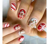 Candy House Stick On Nails Short Square Faux Nails With Gingerbreads Man Designs Christmas Press On For Winter Snowflake Artificial Candy House False Gingerbreads Man Press