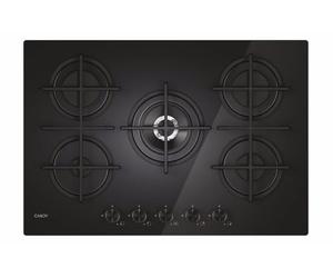 Candy Moderna Gas On Glass Plaque de cuisson à gaz 5 feux, verre trempé, brûleur à double couronne, grilles lavables au lave-vaisselle, axLxP 0,8 x 74,5 x 51 cm, noir - CVG74WTB