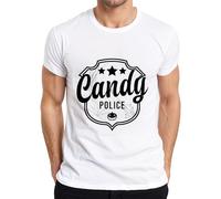 Candy Police Halloween Écusson de police mignon ou acide citrouille T-shirt pour homme, Blanc., M