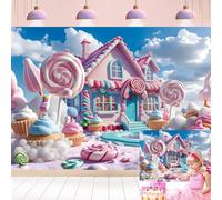 Candyland Toile de fond d'hiver pour photographie de Noël, maison de bonbons sucrés, sucettes, crème glacée pour fille, princesse, fête prénatale, décoration de fête d'anniversaire, bannière