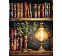 Canevas Broderie Point De Croix Kit Complet Adulte Debutant Bibliothèque Avec Lampe À Huile 40X50Cm Kit Broderie Point De Croix Compté Pré Imprimé Enfant Débutant Adulte, Kit Canevas Complet